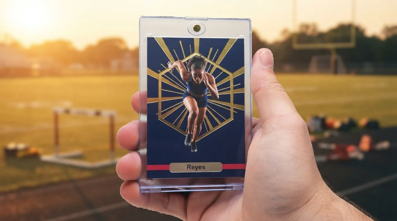 Hand holding magnetic case with gold-foil custom mini trophies trading card of sprinter mid-stride.