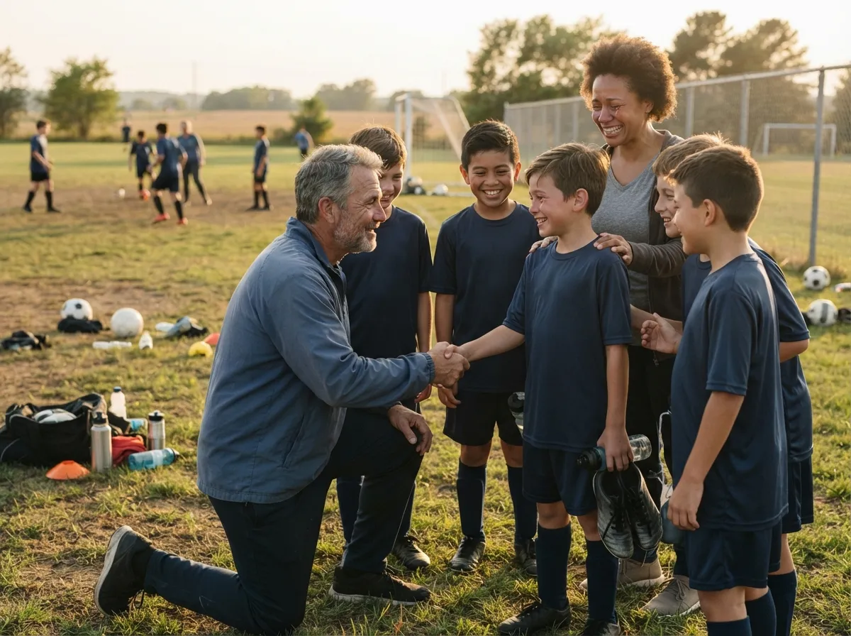 Coach and young athlete share proud handshake moment on field with cheering teammates.