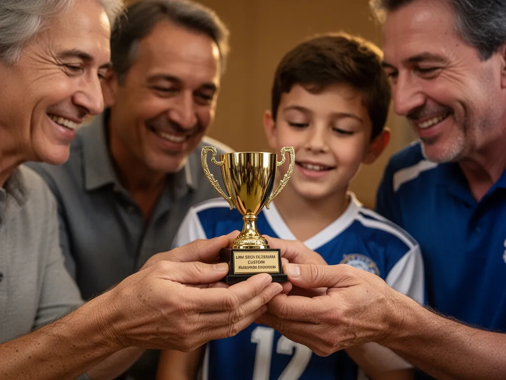Parents and young athlete admiring a custom mini trophy together indoors with pride and emotional celebration.