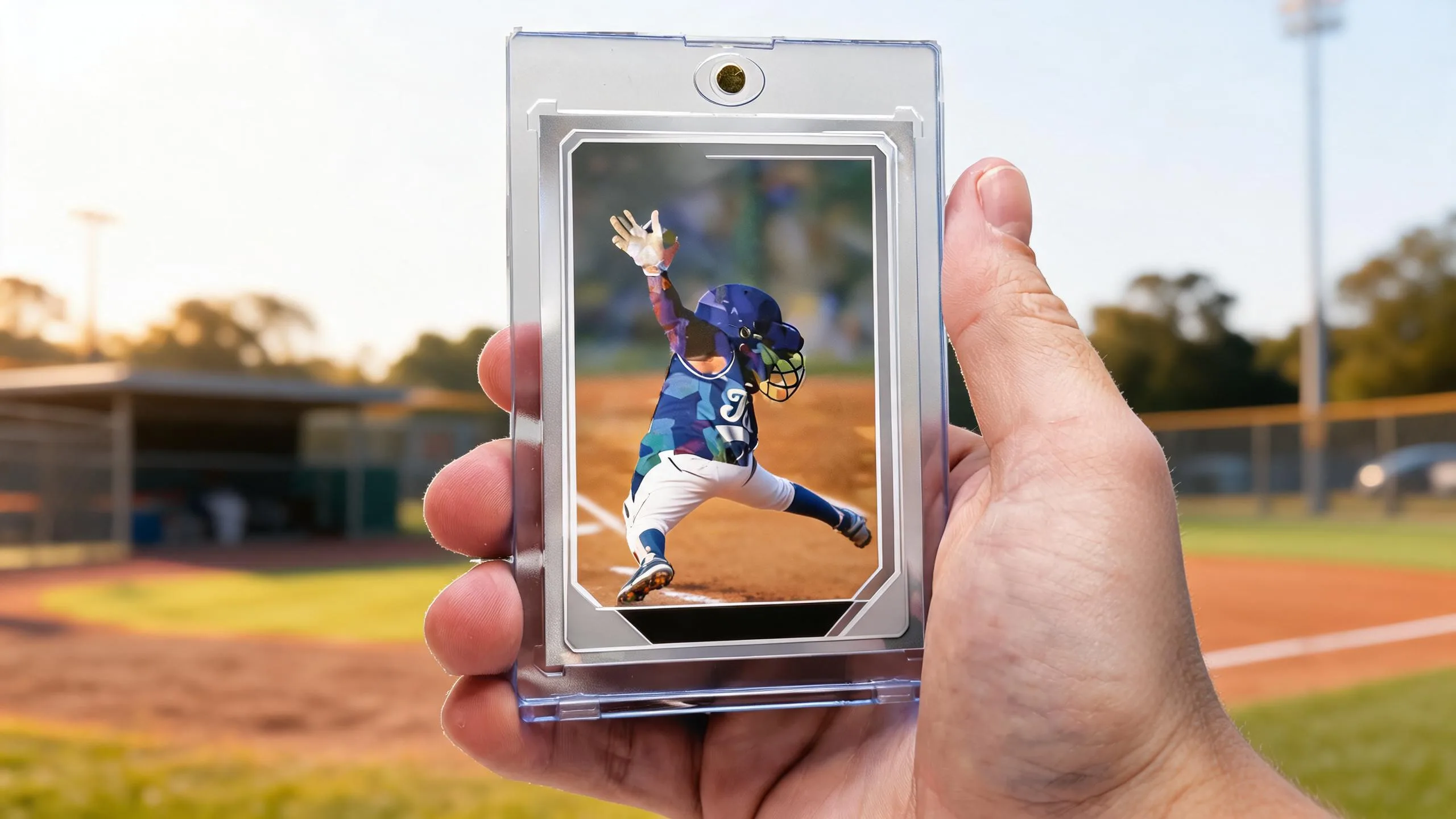 Hand holding custom mlb the show cards in a magnetic case, sunlit ballpark card design