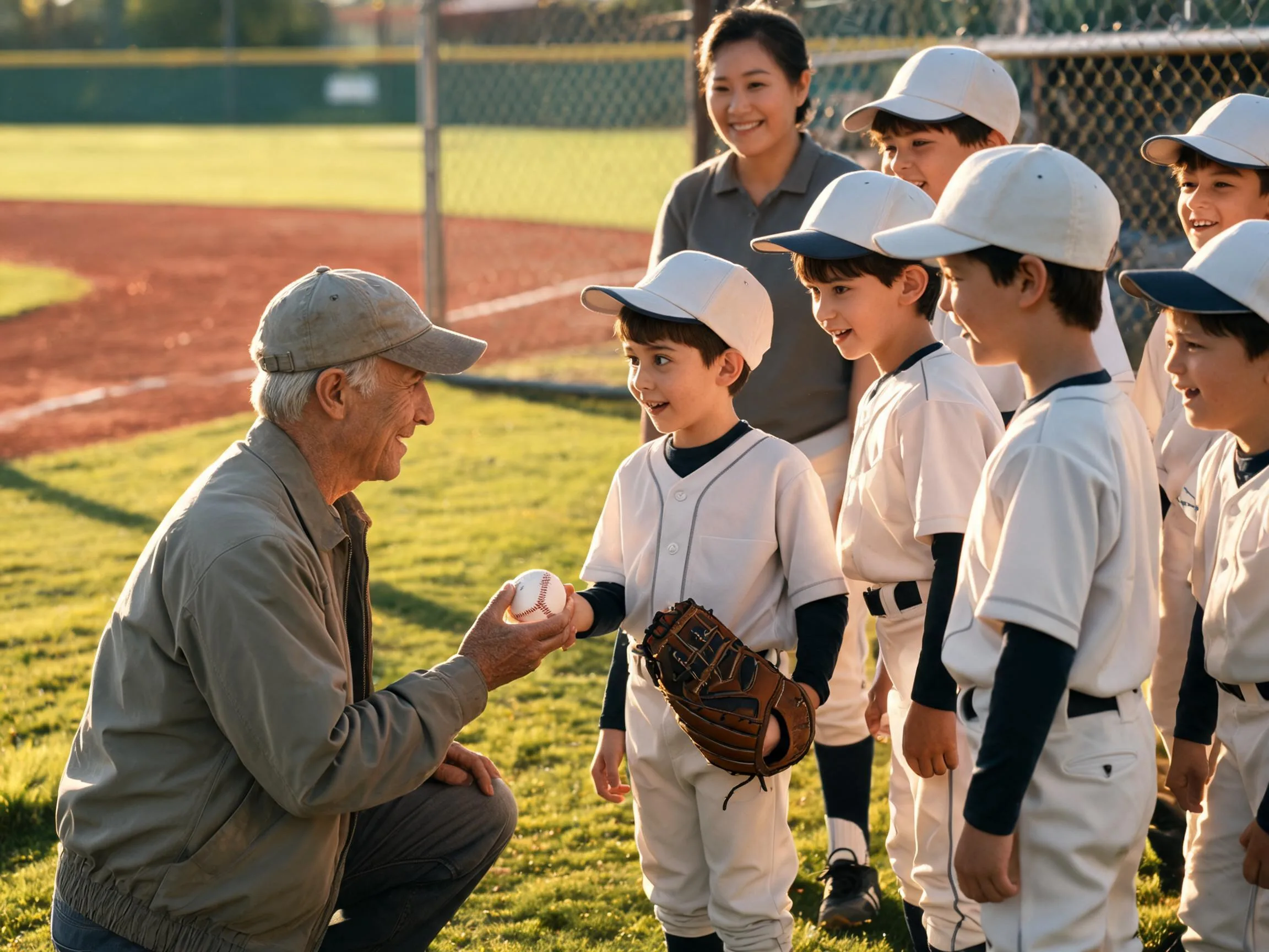 Coach shares proud moment with young baseball player near dugout and fence