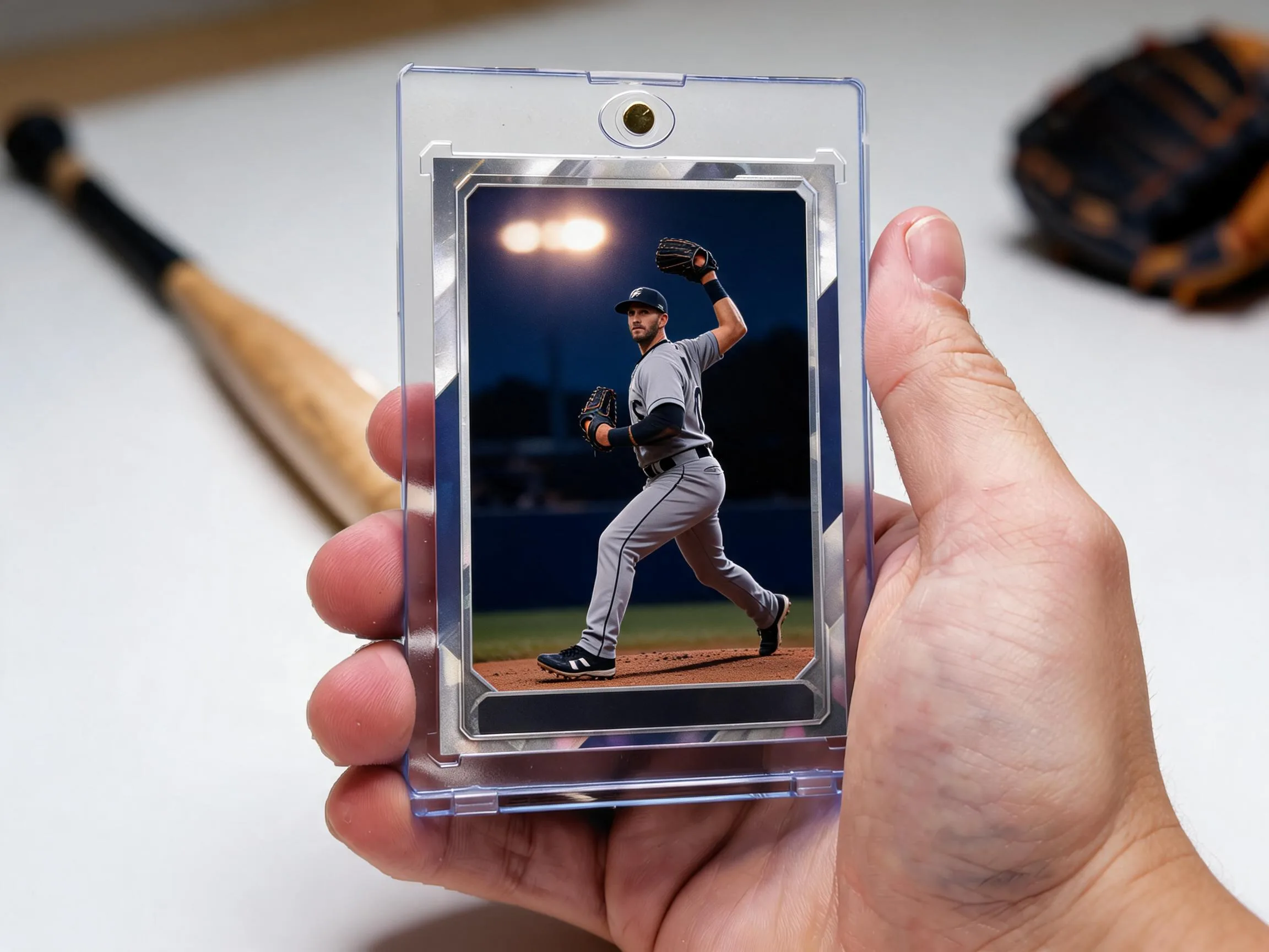 Custom baseball trading card in magnetic case with stadium-night pitcher design