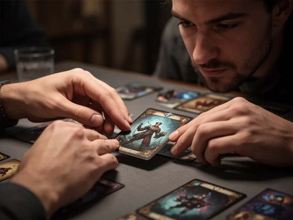 [Player's hands placing custom Magic card during gameplay showing artistic detail and competitive focus]