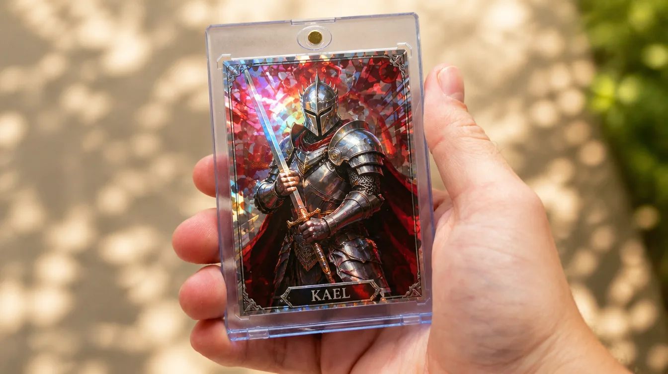 Custom MTG style fantasy trading card in a one-touch magnetic display case