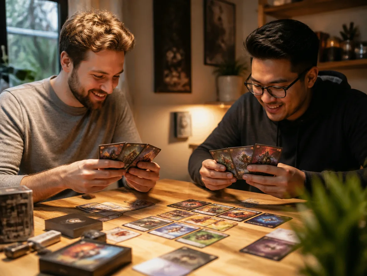 Friends playing a fantasy trading card game at a table