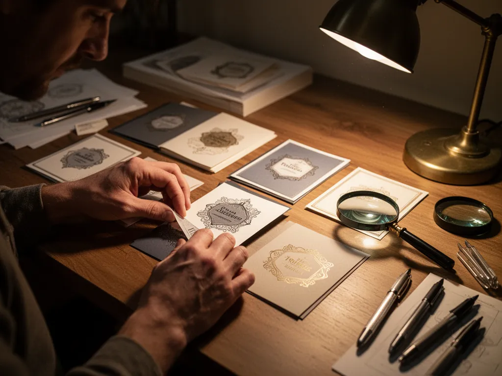 [Hands arranging custom cards on desk with design tools and warm lamp lighting showing craftsmanship]
