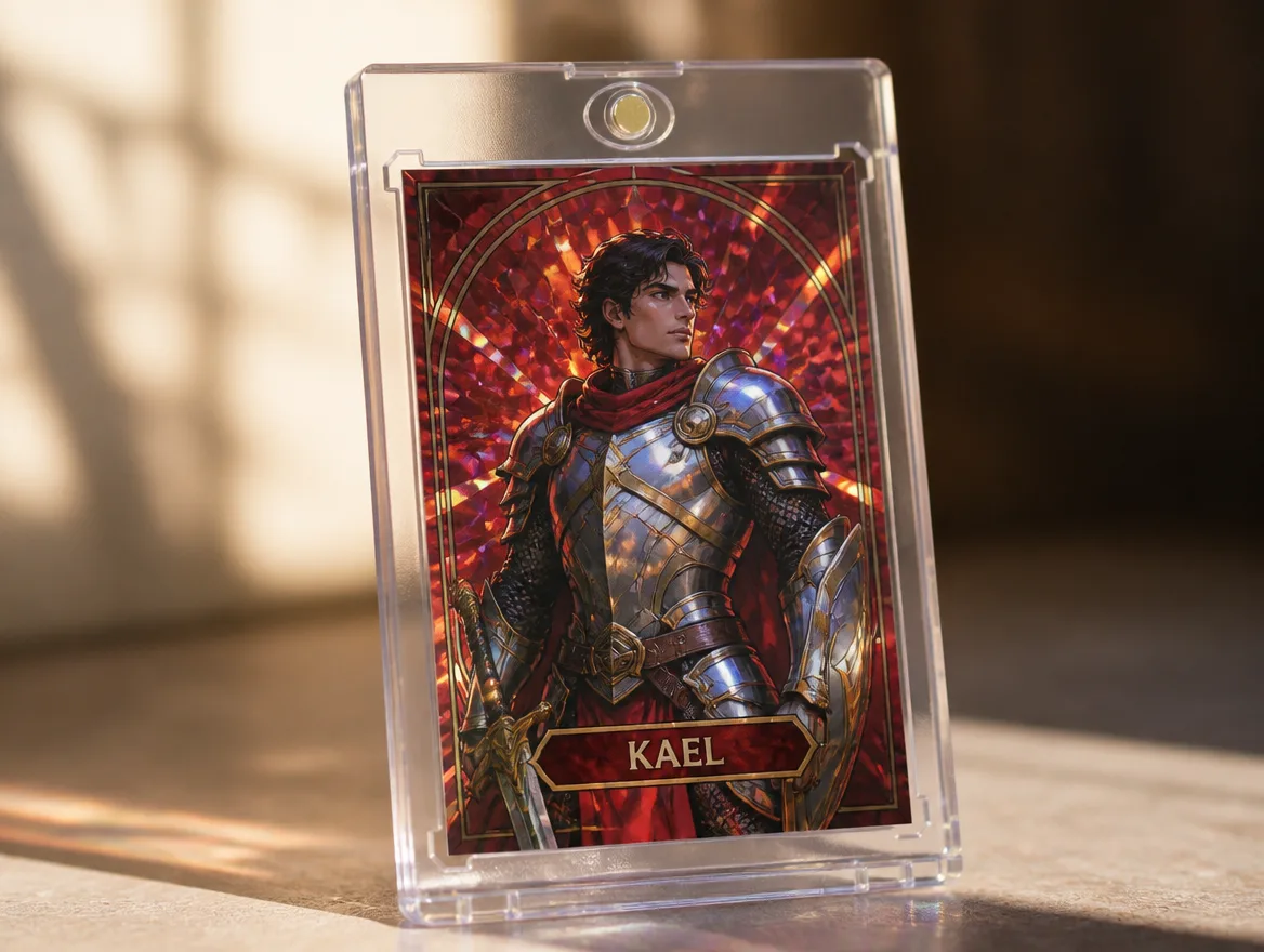 Custom fantasy trading card standing in a clear magnetic case