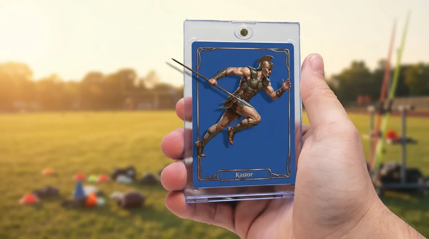 Hand holds magnetic case with custom mtg tokens trading card of a running fantasy athlete.