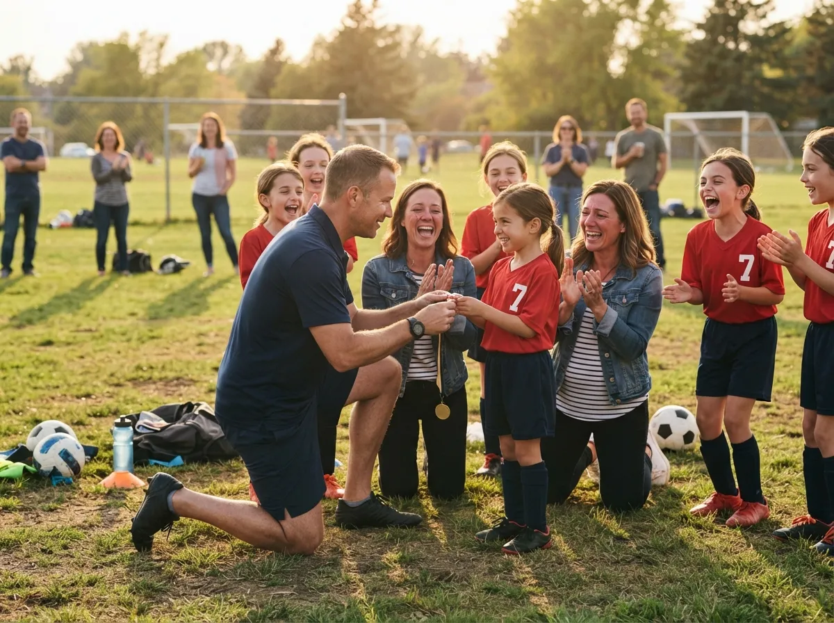 Coach shares proud moment with young athlete as teammates and parent celebrate outdoors.