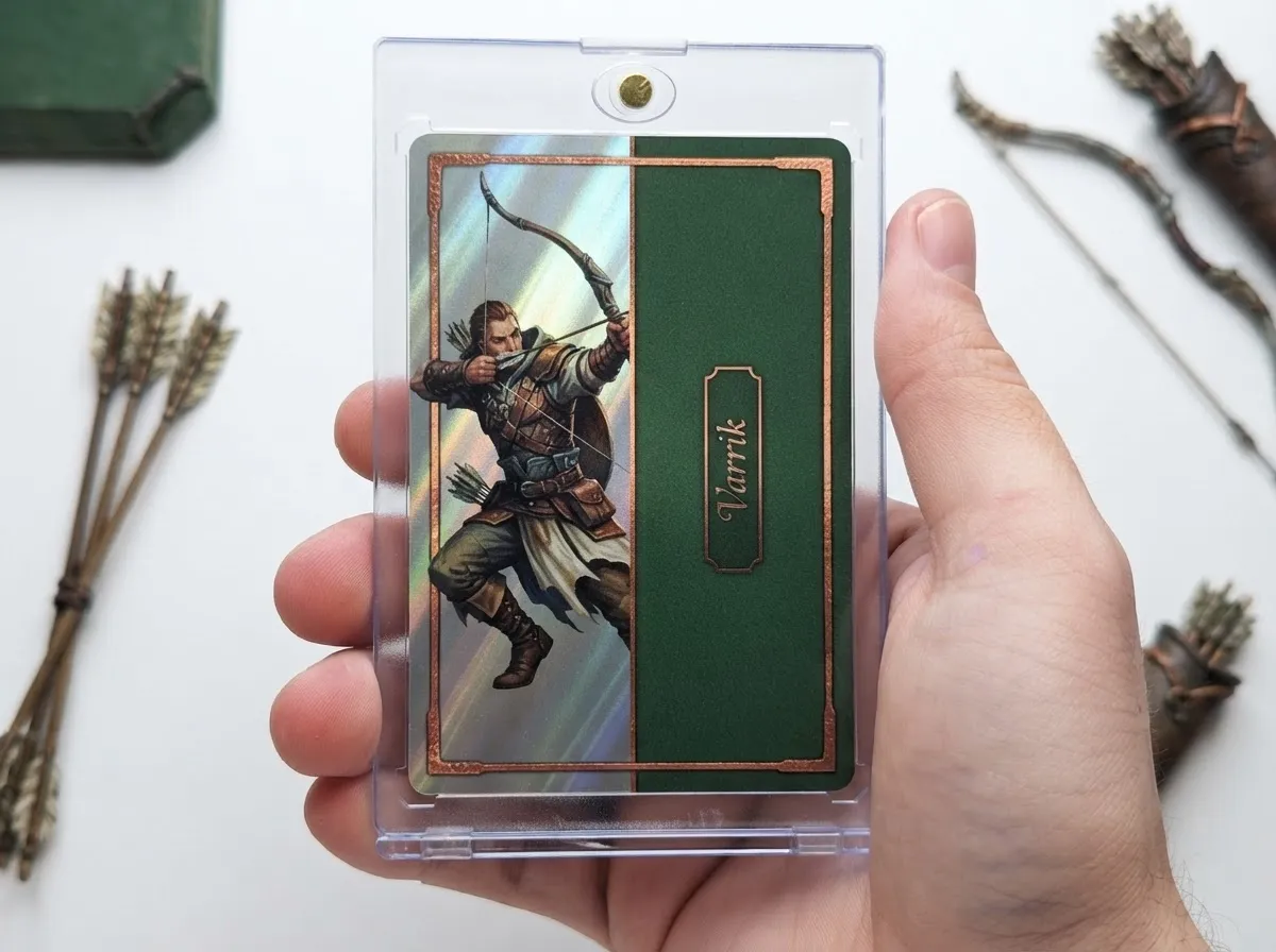 Custom sports trading card in magnetic case shows archer illustration beside green foil panel.
