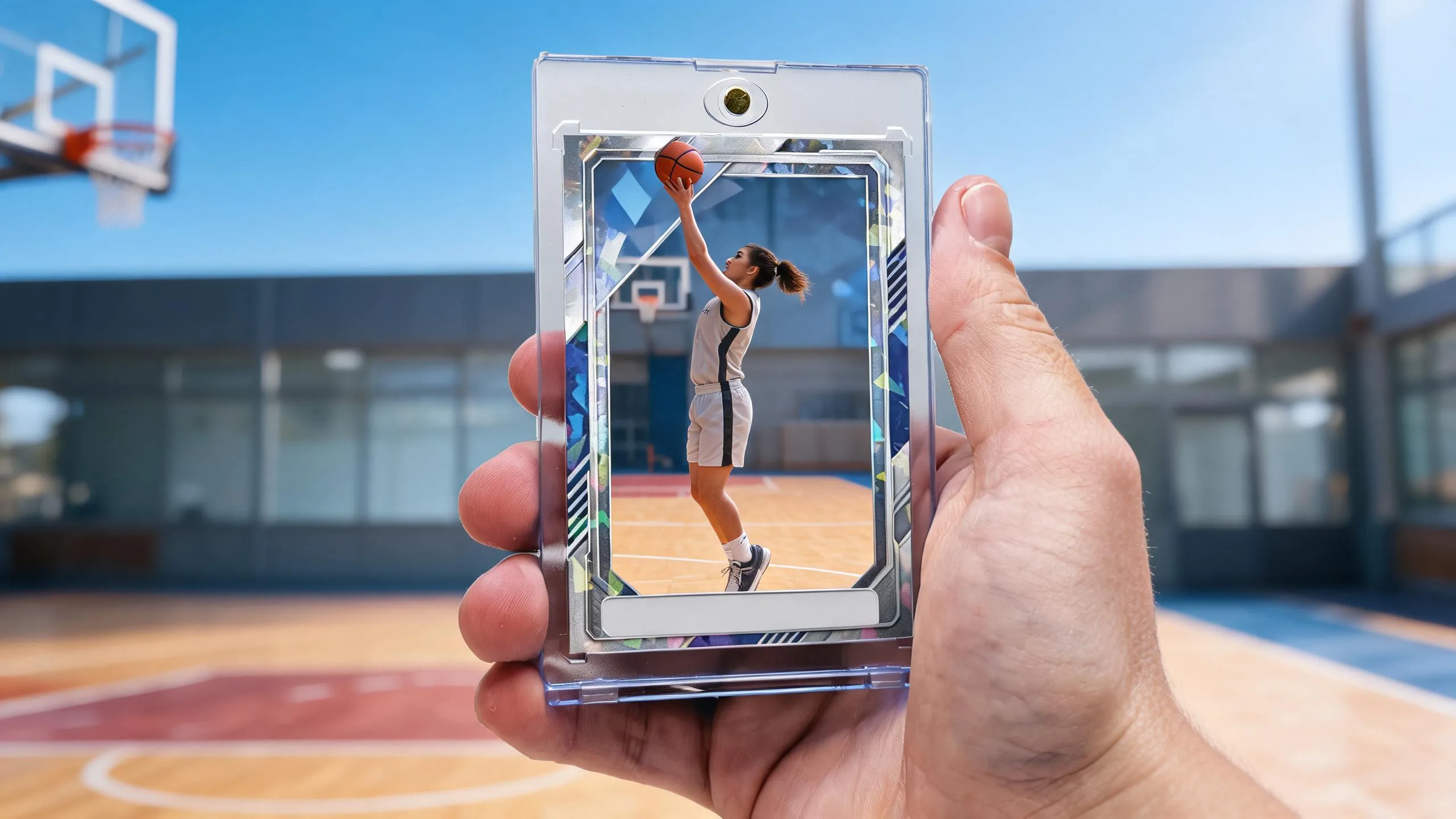 Hand holding custom nba cards in a magnetic case, chrome basketball player design, sunny gym background.