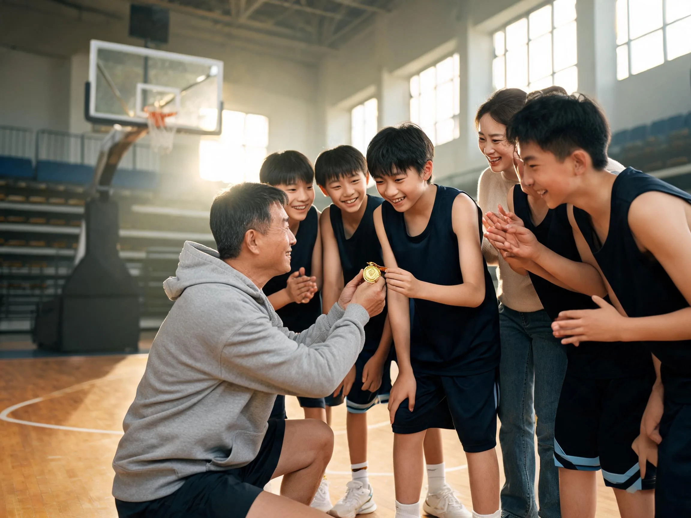 Coach and young basketball player share proud celebration moment on gymnasium court.