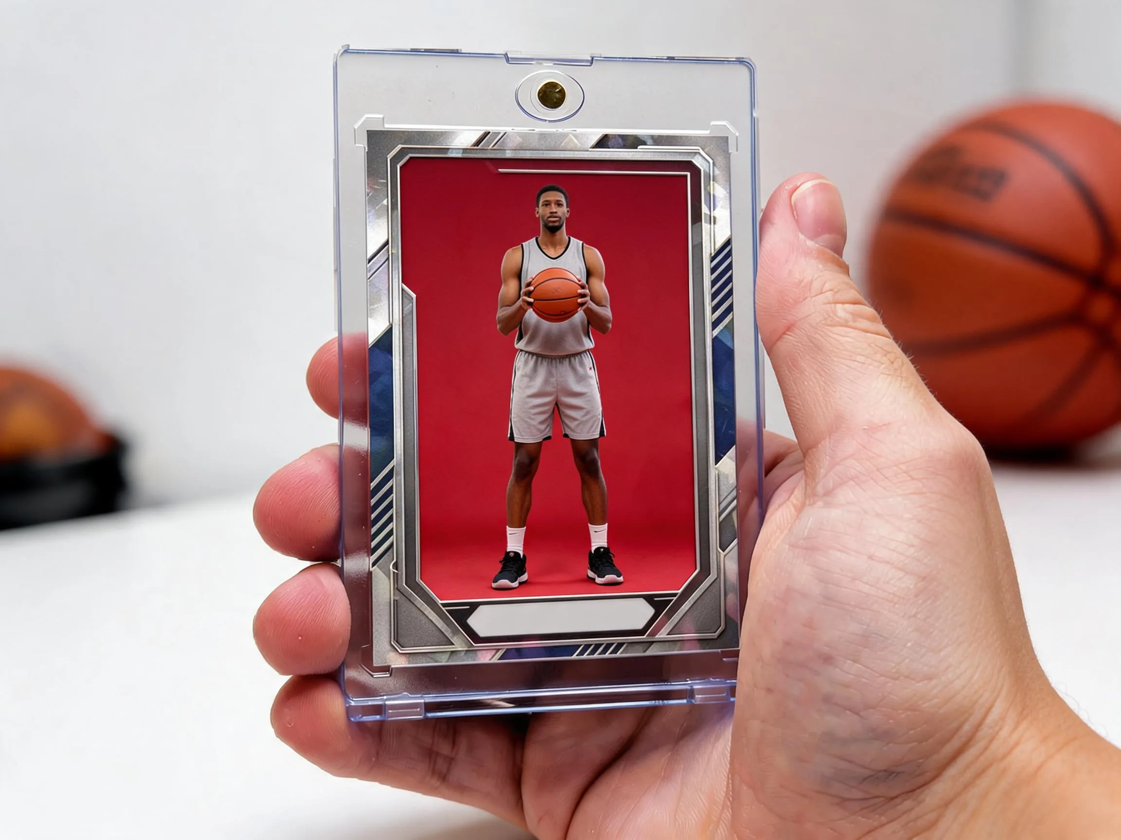 Custom basketball trading card in magnetic case, red geometric frame design, on white tabletop.