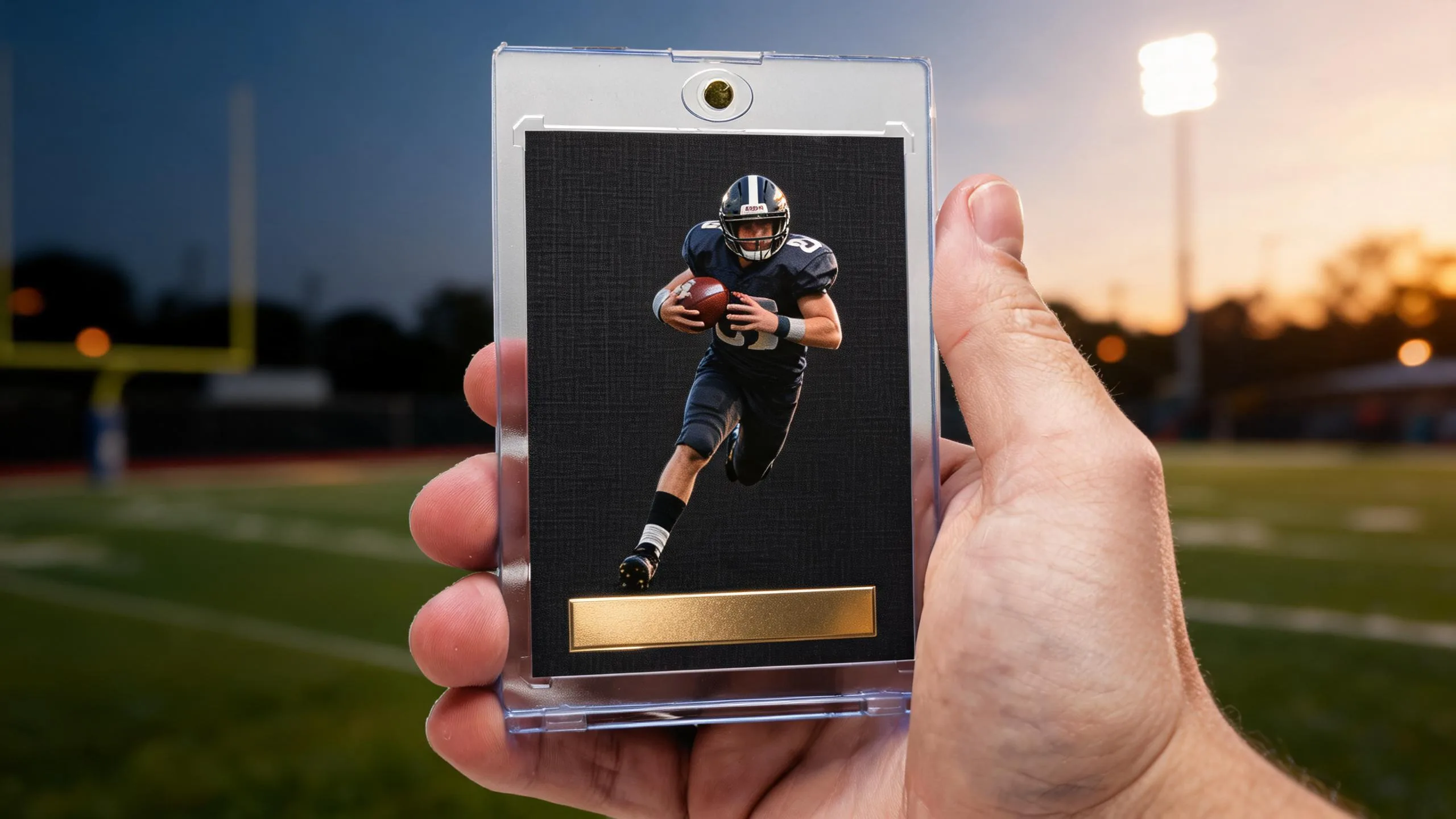 Hand holding custom nfl cards in a magnetic case at a golden-hour stadium.
