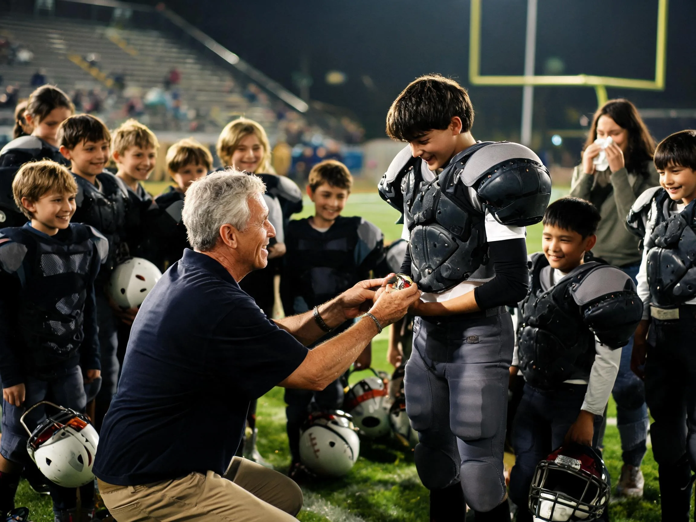 Coach and young football player share proud emotional moment under stadium lights.