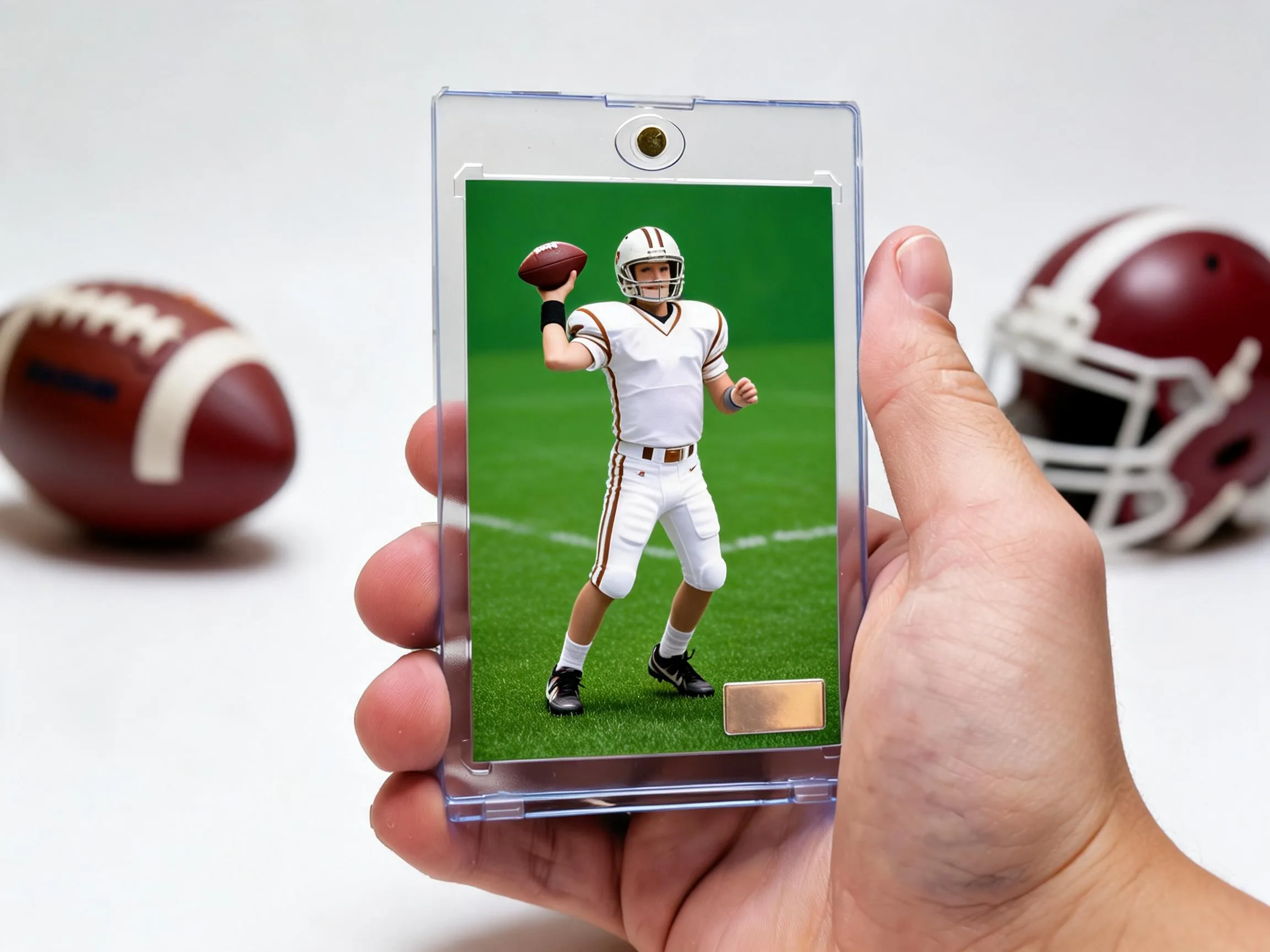 Custom football trading card in a clear magnetic case on white tabletop.