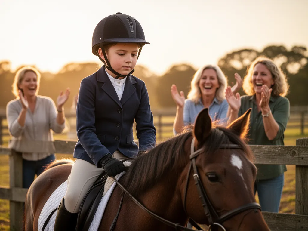 Young equestrian rider smiling with parents celebrating at fence rail during golden hour