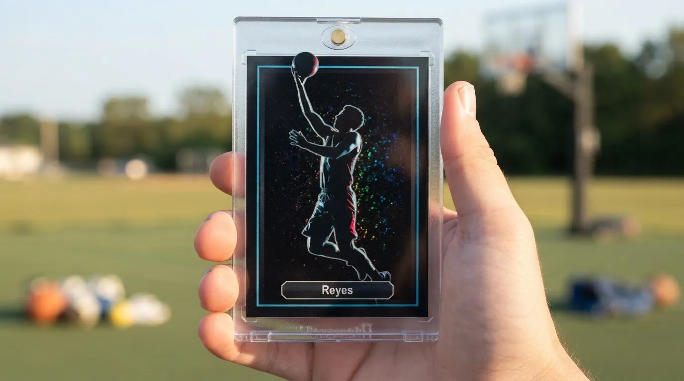 Hand holding magnetic case with custom panini cards showing rim-lit athlete on near-black card.