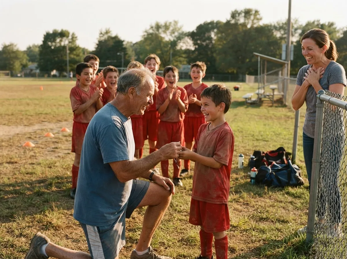 Coach and cheering teammates celebrate with young athlete on sunny sports field.