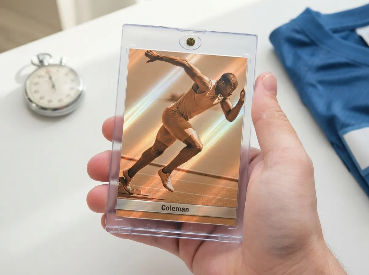 Custom sports trading card in magnetic case showing chrome sprinter card on white tabletop.