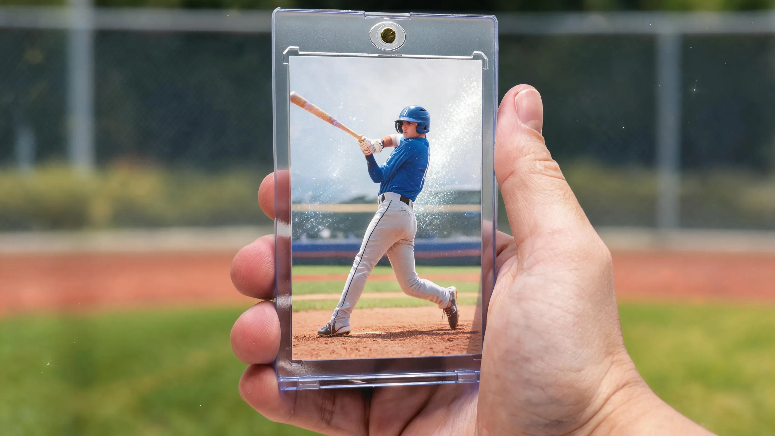 Custom photo baseball card of a batter mid-swing in a magnetic acrylic case.