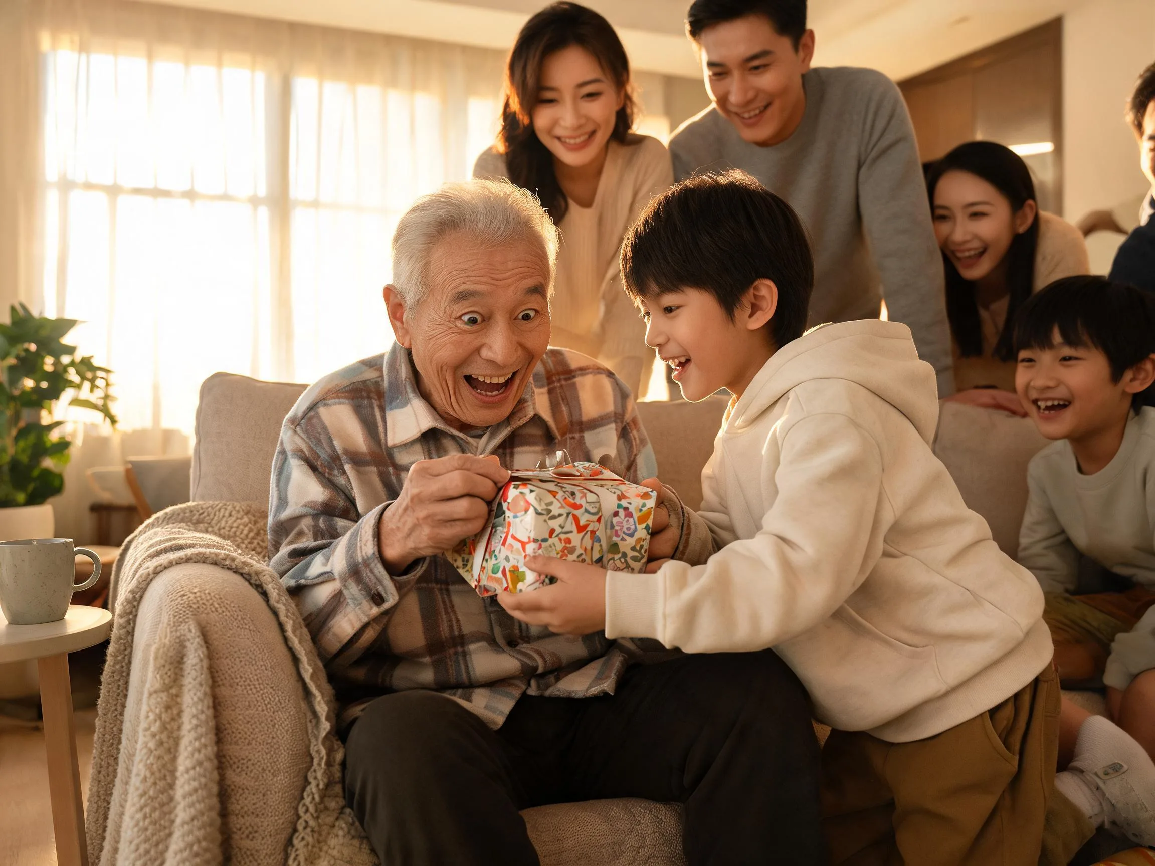 Grandfather smiling in surprise while unwrapping a gift from his grandchild at home.
