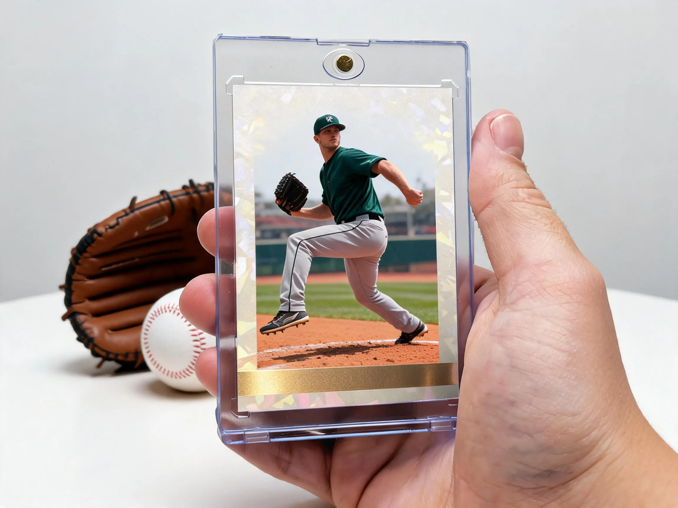 Custom baseball trading card in a clear magnetic display case on a shelf.