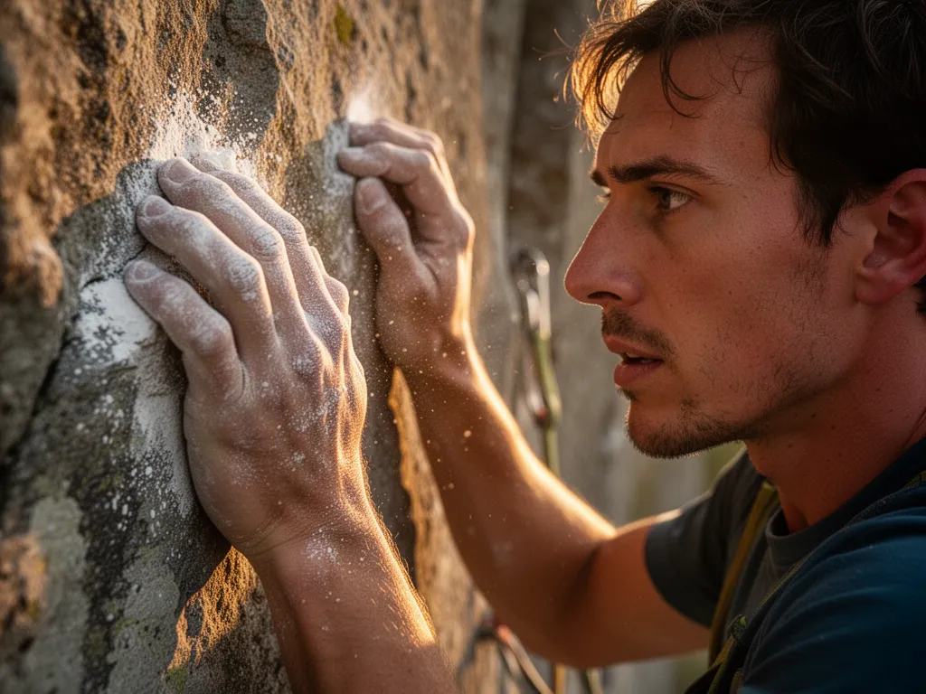 Rock climber's hands and face showing determination while gripping a stone climbing wall