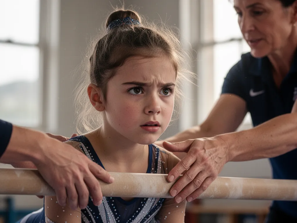 Young gymnast's focused expression during balance beam routine with coach's supportive hands nearby