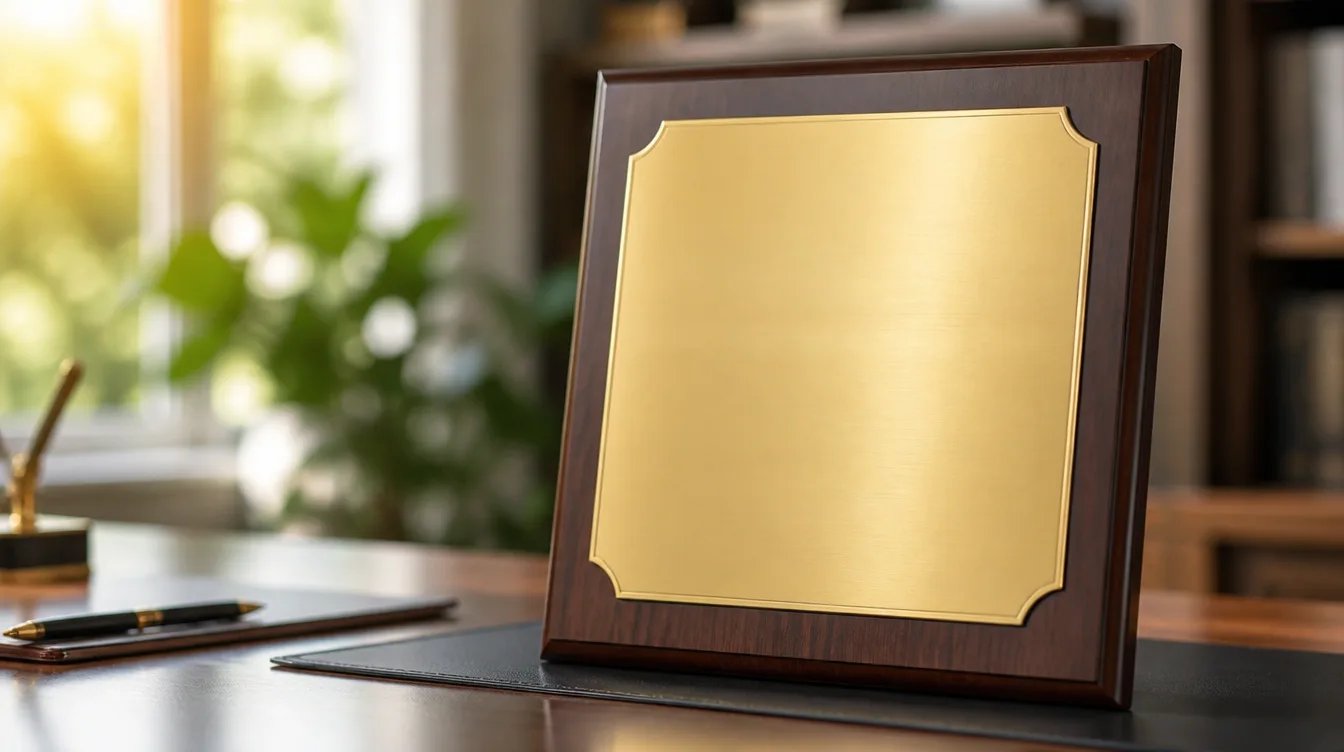 Elegant wood and brushed-gold custom plaque on a desk