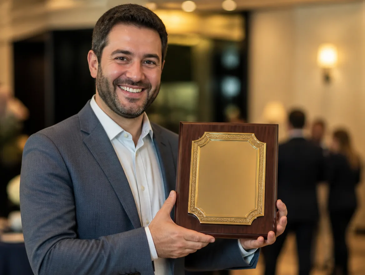 Proud person holding a custom award plaque