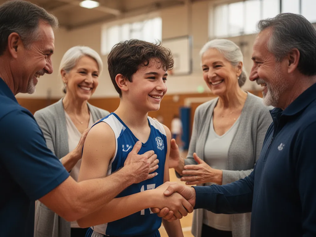 Young athlete smiling while receiving encouragement from coach and proud parents in indoor gym setting