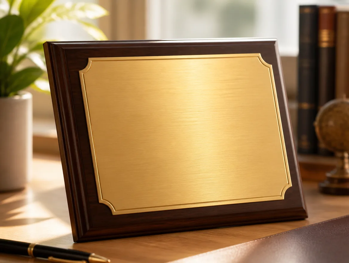 Custom award plaque close-up with a blank gold plate