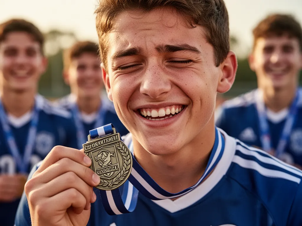 Young athlete displaying joy and pride while holding a custom plastic medal close-up.