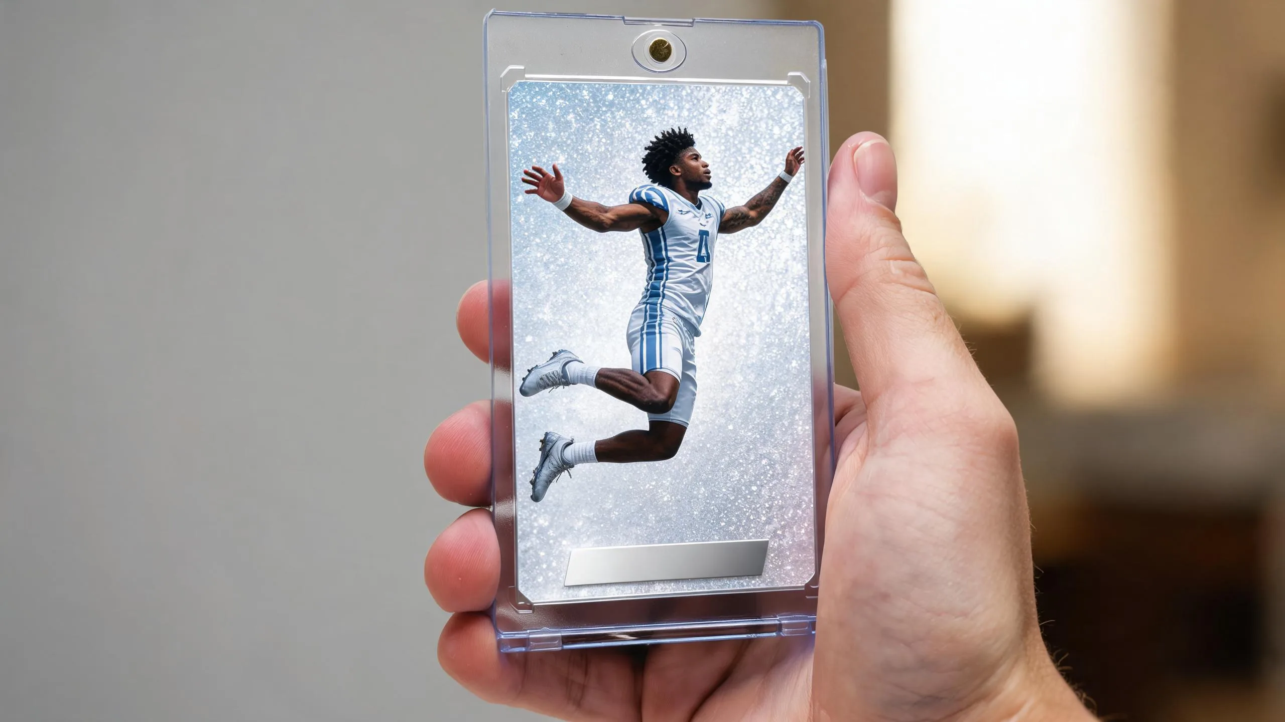 Hand holding custom player trading cards in a magnetic case, icy blue refractor athlete design.