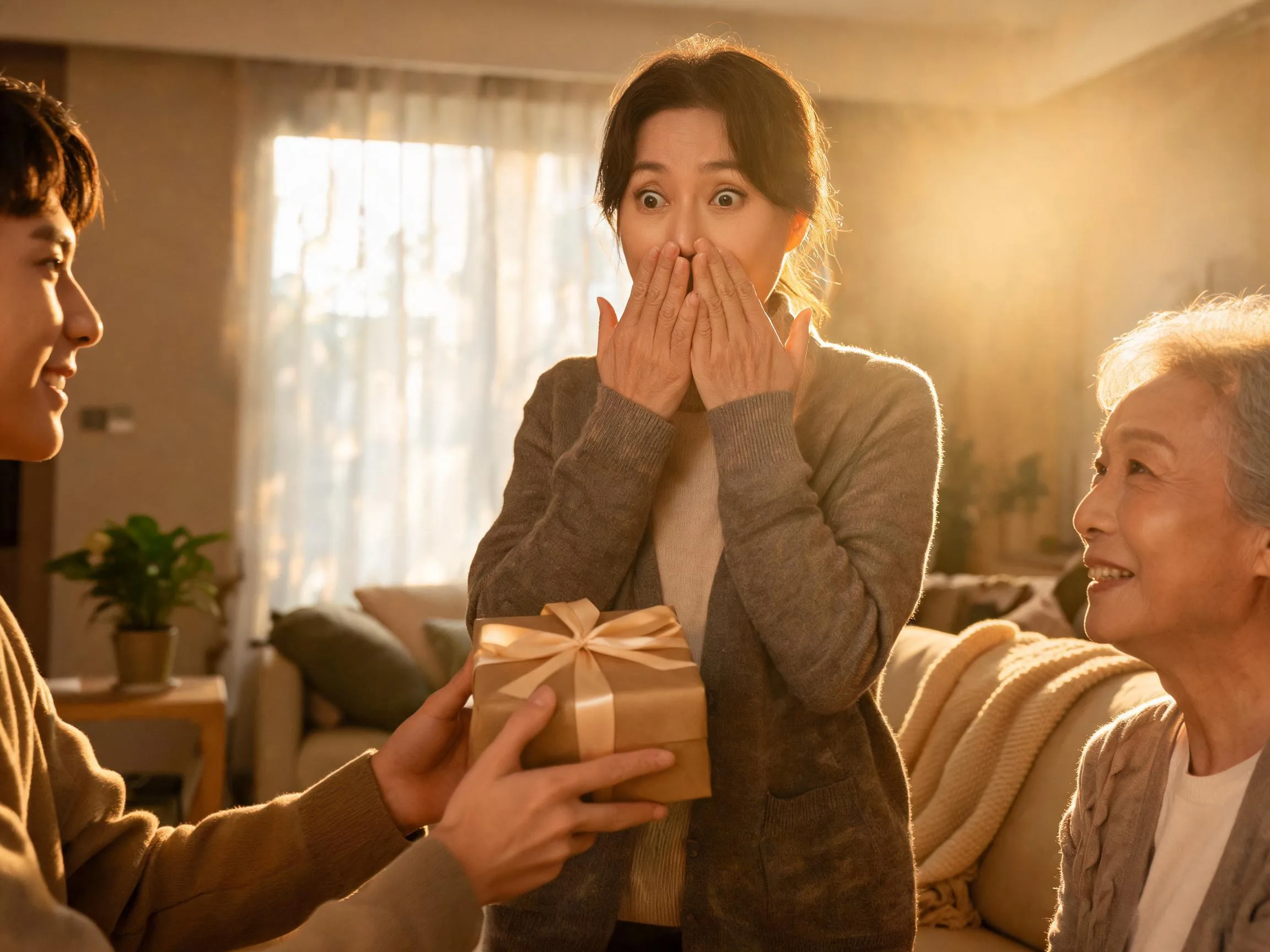 Family member reacting with joyful surprise to an unexpected gift in warm sunlit room.