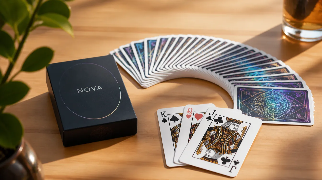 Custom playing card deck fanned out beside its tuck box