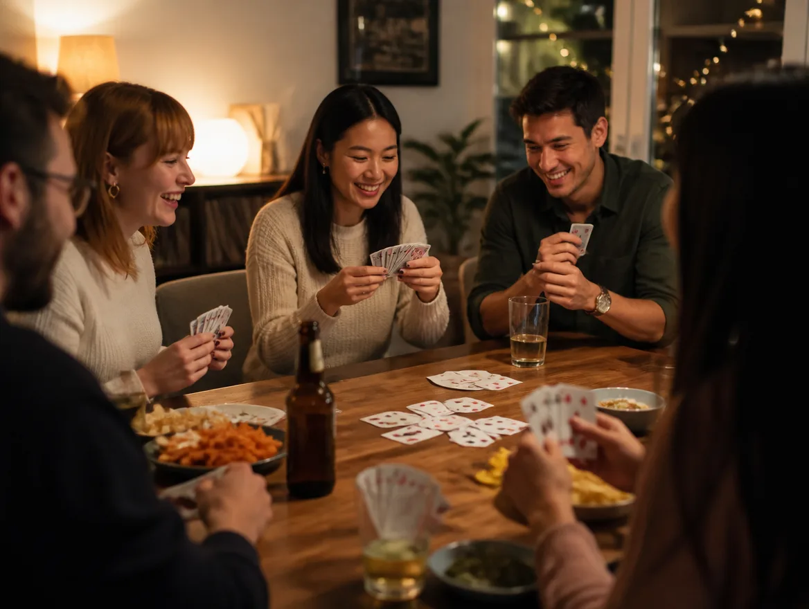 Friends on game night using a custom deck of cards