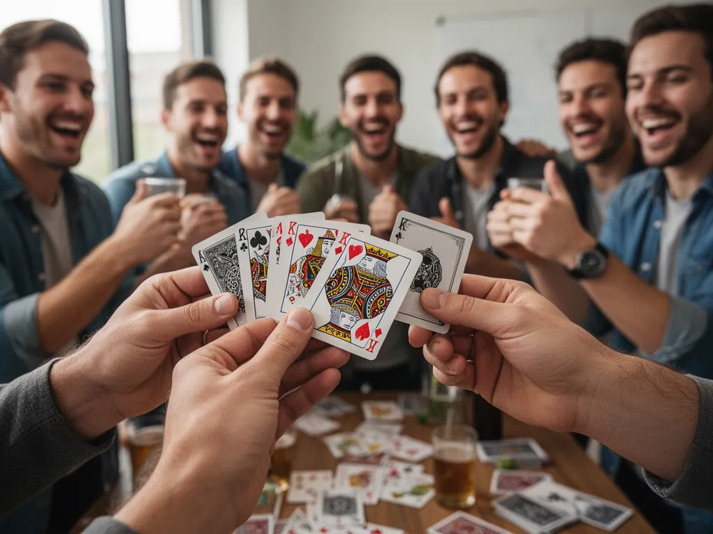 Teammates examining custom playing cards together in celebration moment