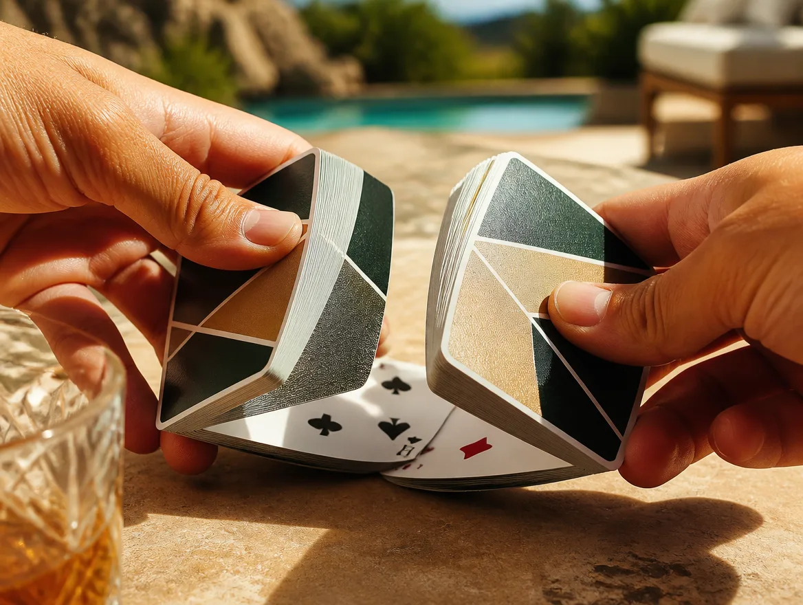 Custom playing card deck being shuffled in hand