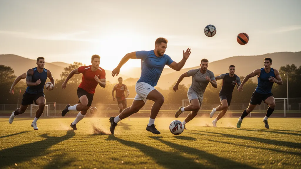 Multiple athletes in motion during outdoor sporting event with natural golden lighting and dynamic energy