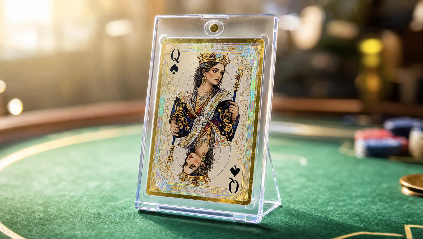 Custom custom playing card printing shown in a clear magnetic display case