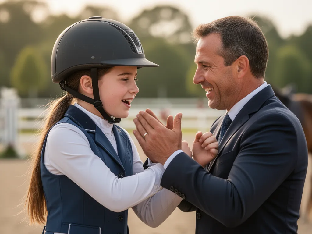Coach congratulating young equestrian athlete after successful competition performance