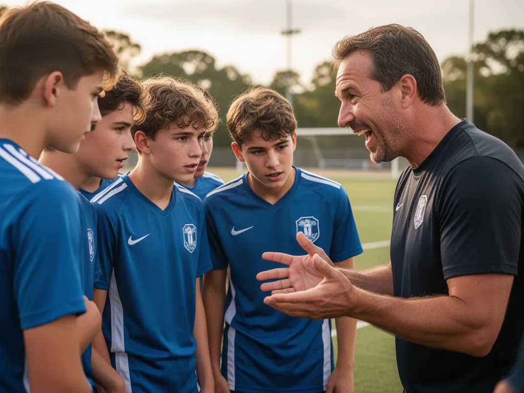 Coach and young athletes in close huddle showing mentorship and team connection outdoors