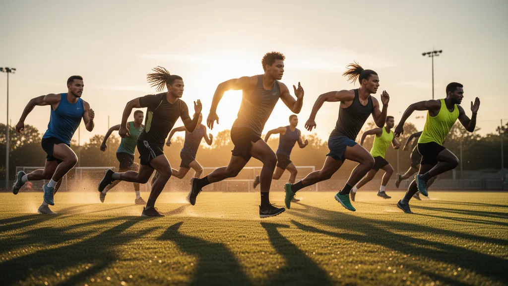 Multiple athletes in motion during outdoor sports activity with natural golden hour lighting and dynamic energy
