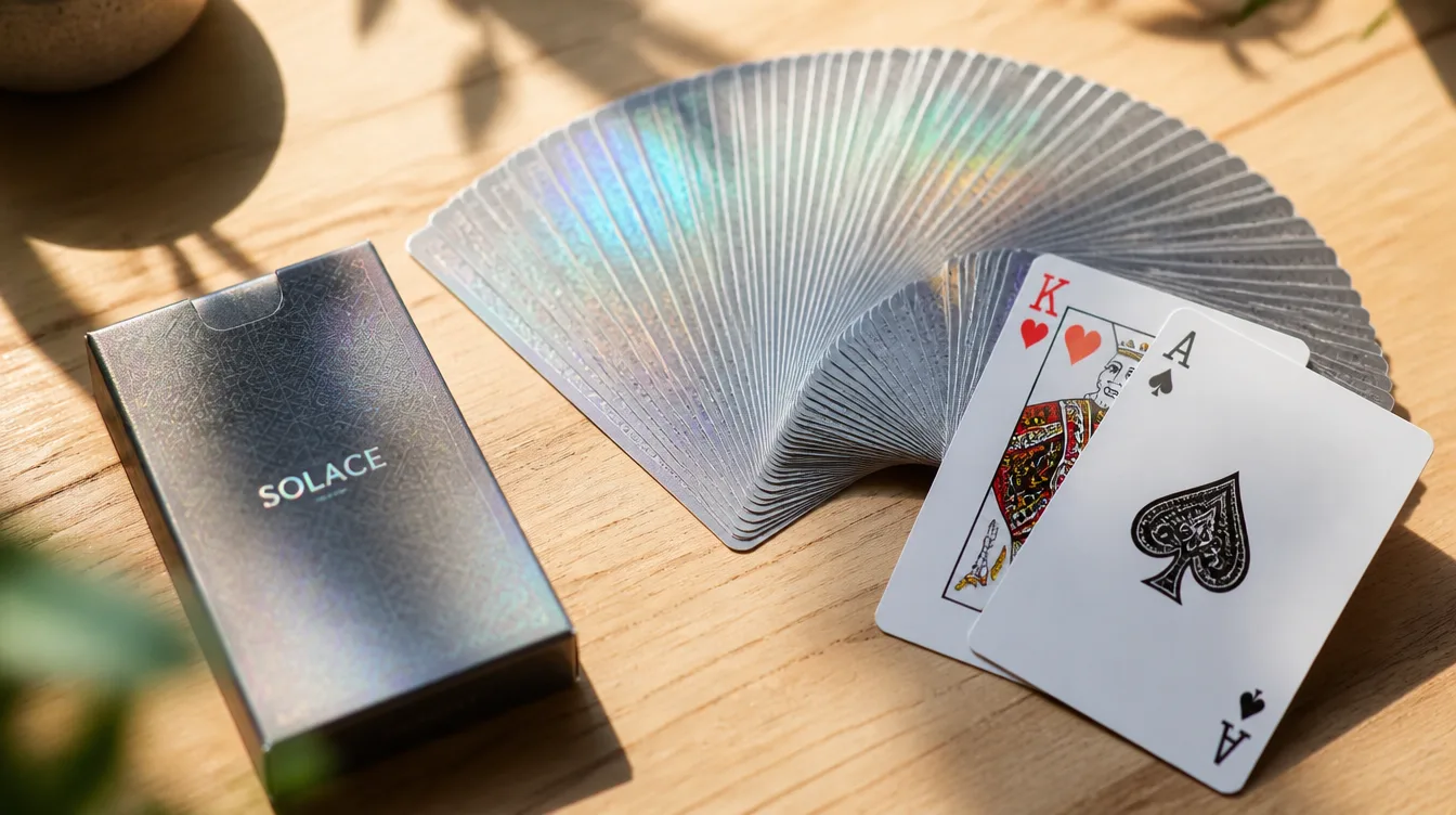 Custom playing cards deck fanned out beside its holographic tuck box