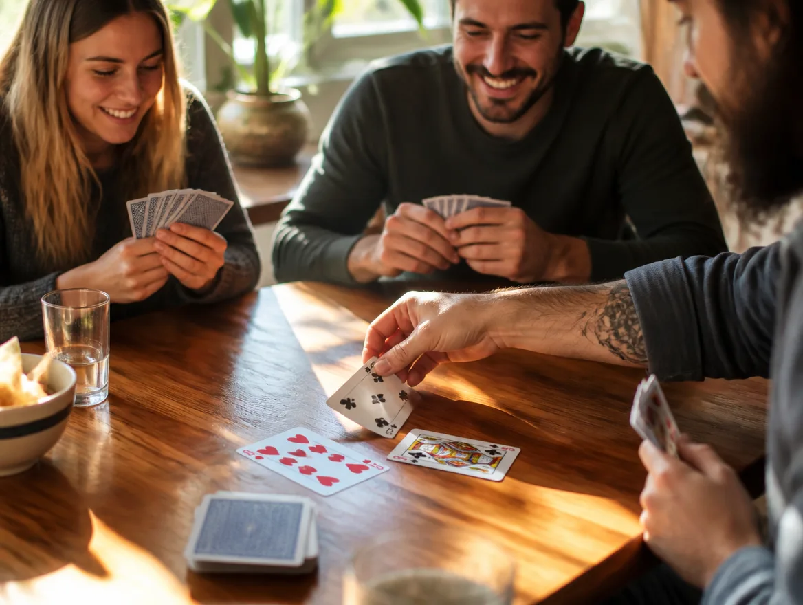 Friends at a table playing a game with a custom deck of cards