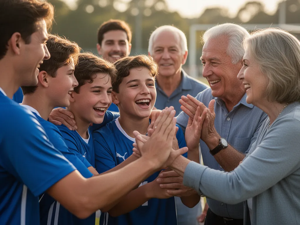 Young athletes celebrating with parents showing genuine emotion and pride on the sidelines