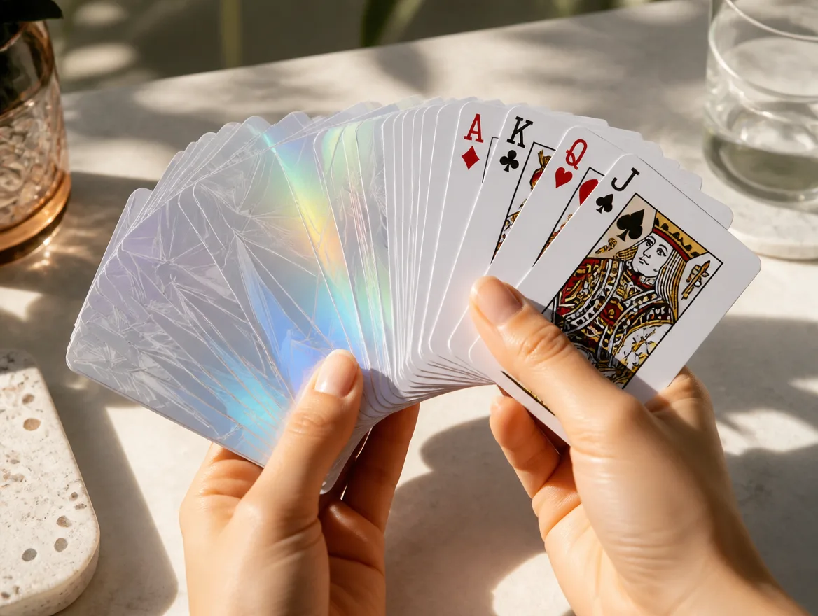 Custom playing cards fanned in hand showing the standard face cards