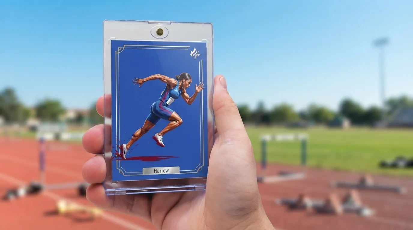 Hand holding magnetic case with custom pokemon card maker design, blue full-art athlete card inside.